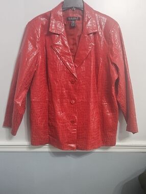 Dialogue Red Embossed Croc Leather Button-Front Blazer Jacket